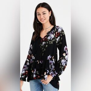 American Eagle Long Sleeve Floral Blouse Black Size Medium
